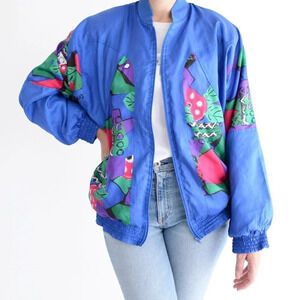 Vintage TanJay Blue Nylon Pink & Green Abstract Design Light Bomber Jacket XS
